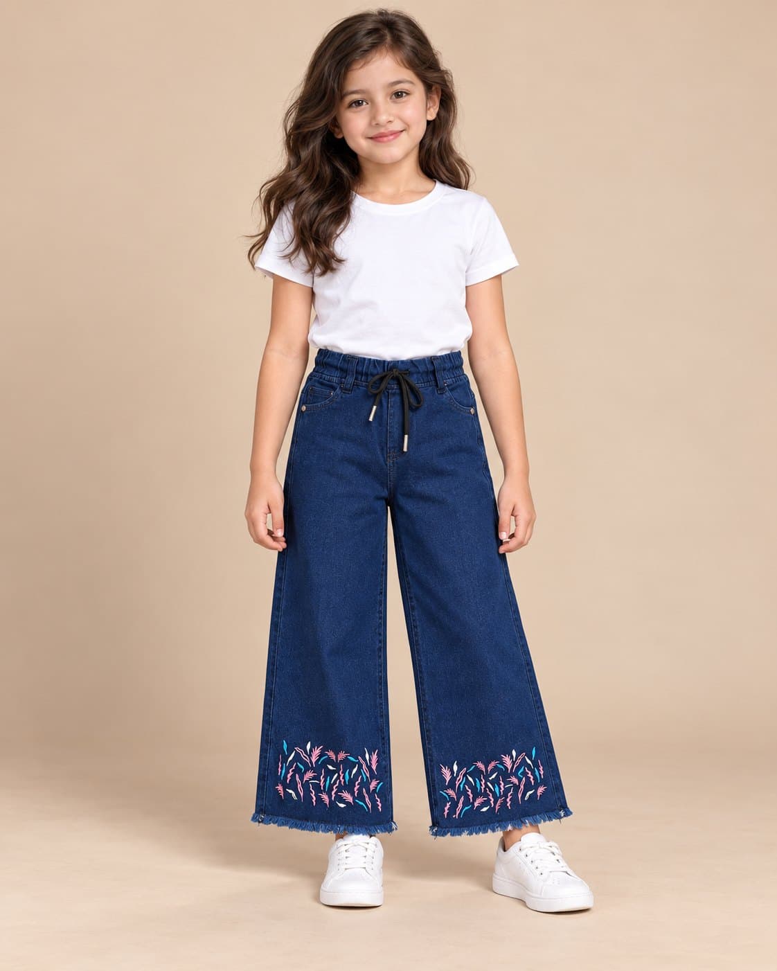 Embroidered Wide-Leg Jeans - Dark Blue
