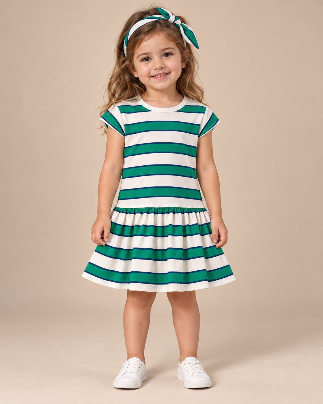 H&M Striped Dress with Headband - Green & White